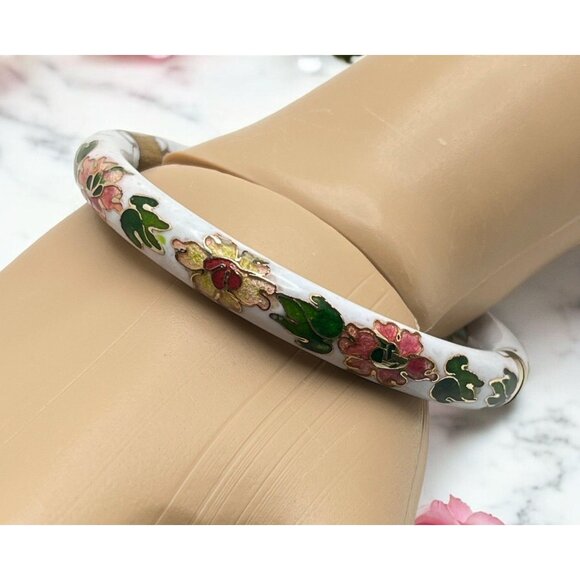 Vintage Cloisonne Floral Bangle Bracelet Hinged White with Flowers Damaged - Picture 1 of 10